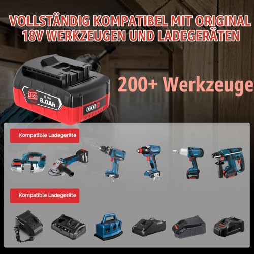 Detalle de Amoresbat Ersatzakku 8,0 Ah für Bosch 18V GBA – 2er-Pack, kompatibel mit Bosch Professional 18V System