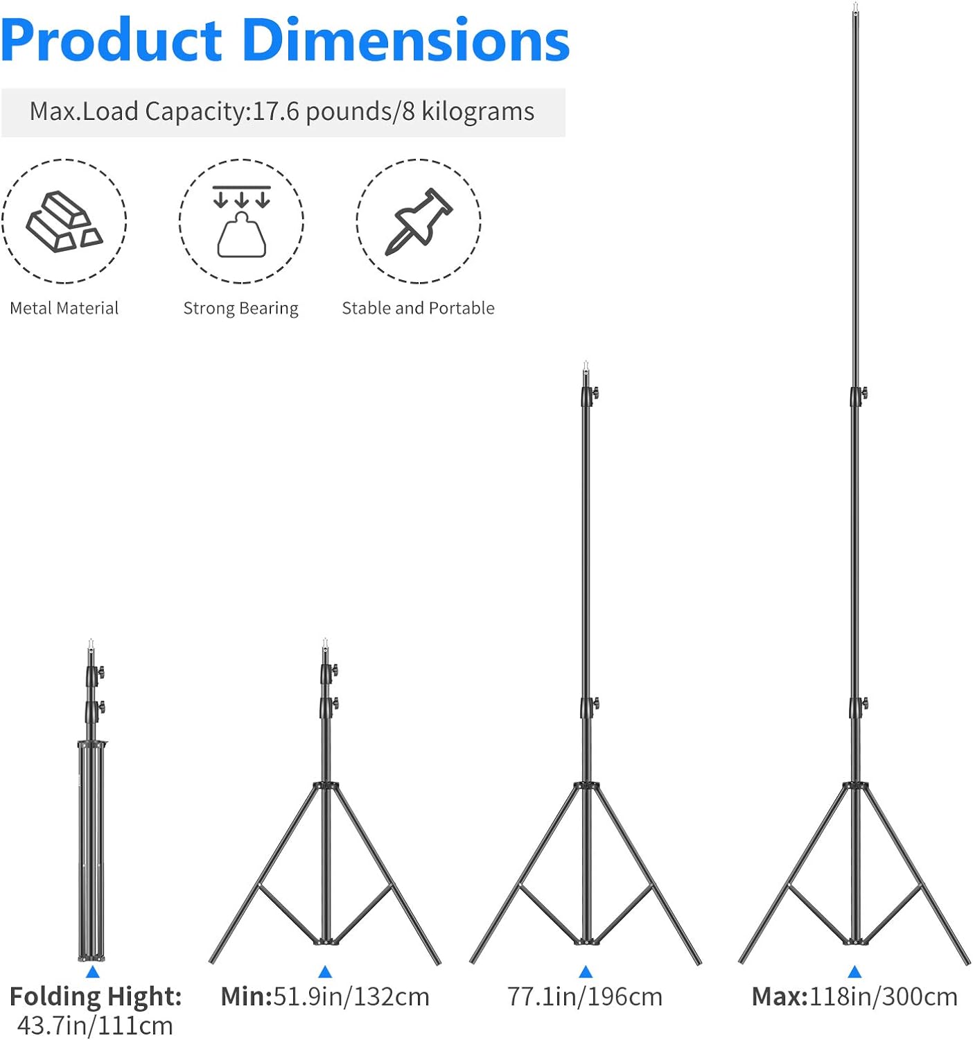 Thumbnail 1 de NEEWER Hochleistungs-Lichtstativ (3 m) mit Federdämpfung, Metall, verstellbar bis 8 kg – 1/4"-Schraubanschluss, schwarz
