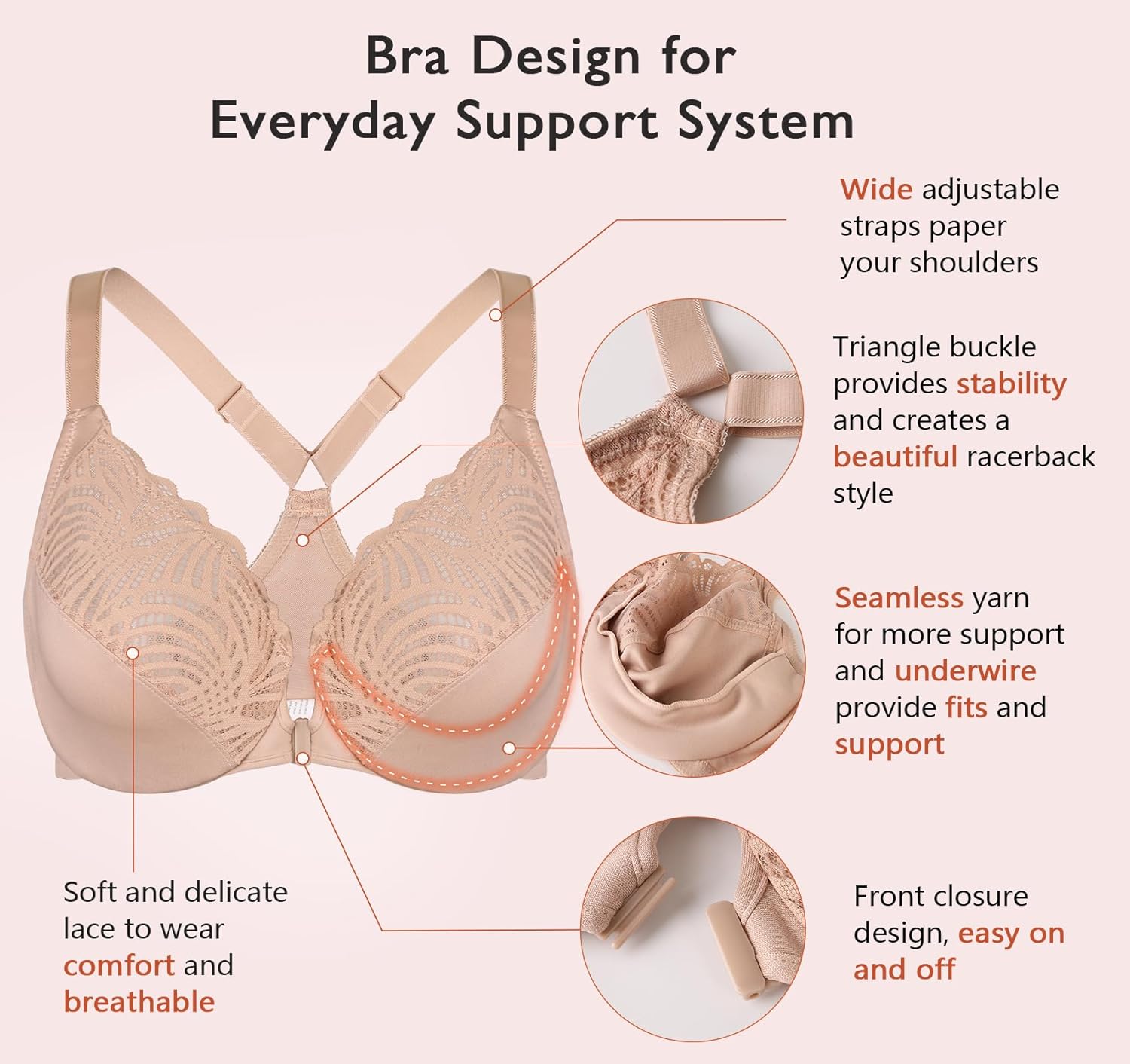 Detalle de Lemorosy Women's Lace Racerback Front Closure Bra for Full Figure