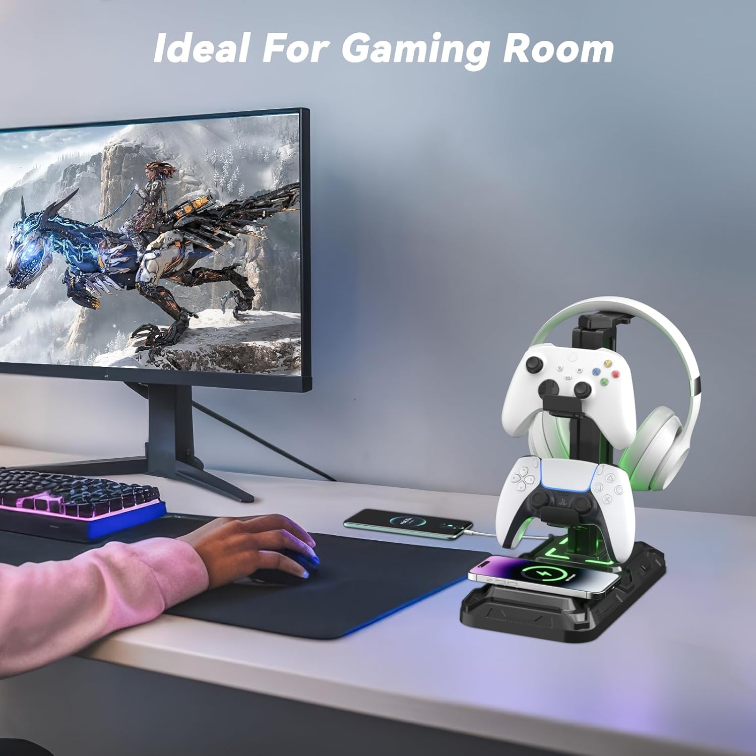 Thumbnail 6 de KDD Gaming Headset-Halterung mit Wireless-Ladegerät – LED-Lichteffekte, Controller- und Kopfhörer-Ständer
