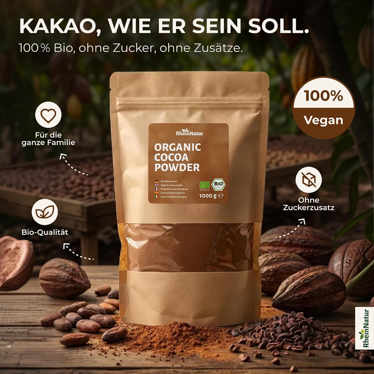 Detalle 2 de RheinNatur biologisch cacaopoeder 1 kg – 100% cacao, ongezoet