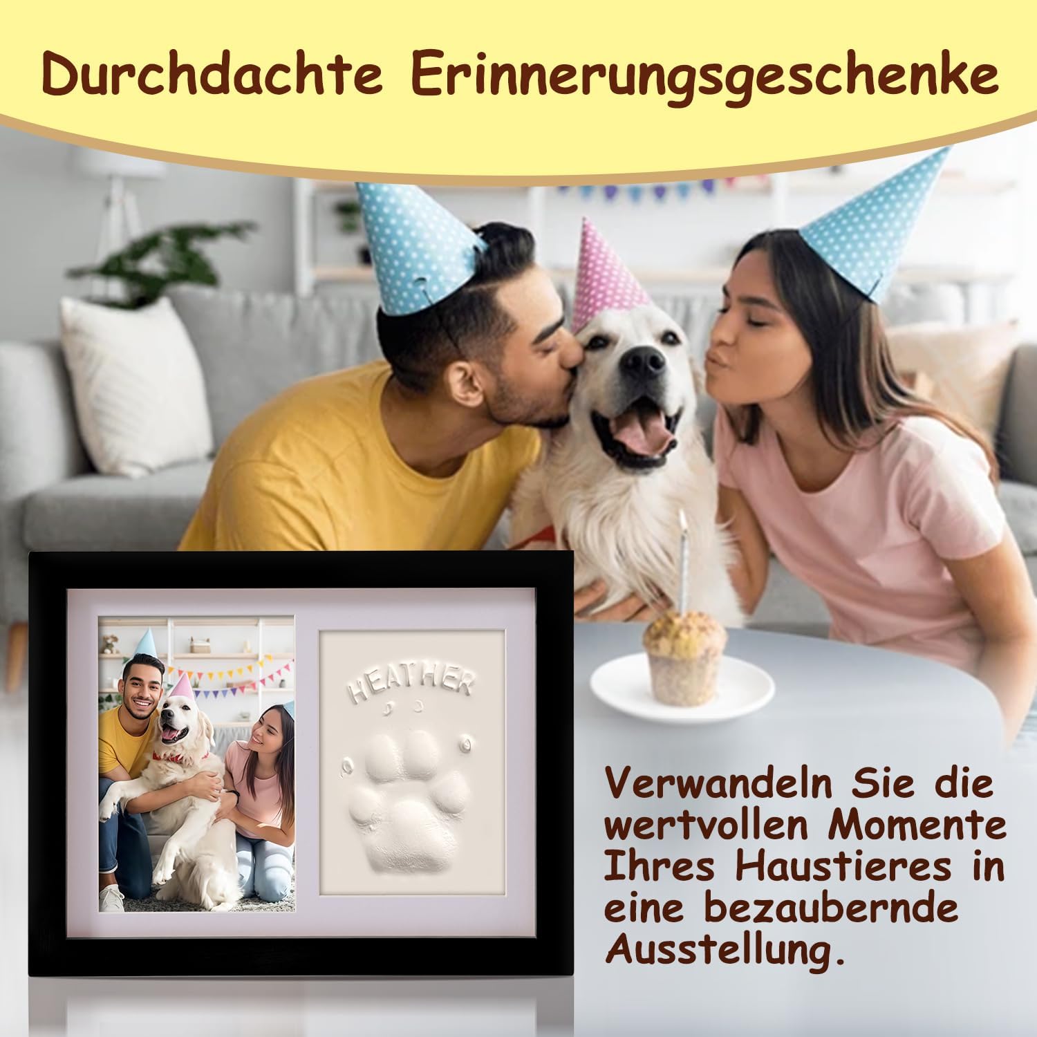 Thumbnail 6 de PewinGo Gedenkrahmen Hund und Katze – Pfotenabdruck Set + Foto 6x4” inkl. Ton, edler Holzrahmen