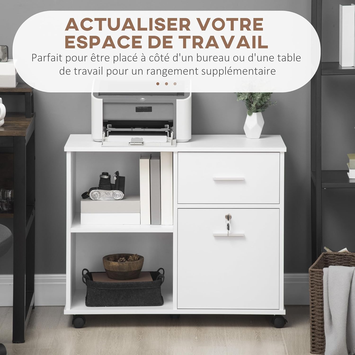 Detalle de Vinsetto Caisson de Bureau verrouillable avec 2 tiroirs et support d’imprimante – Blanc bois 86,3 x 40 x 66,5 cm