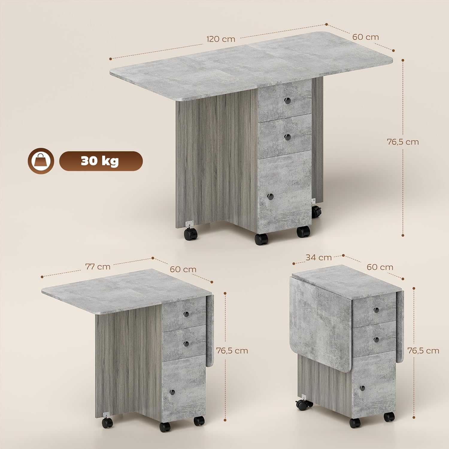 Thumbnail 2 de HOMCOM Table de Cuisine Pliable 2 Plateaux Rabattables avec Rangement – Gris, 120 x 60 cm