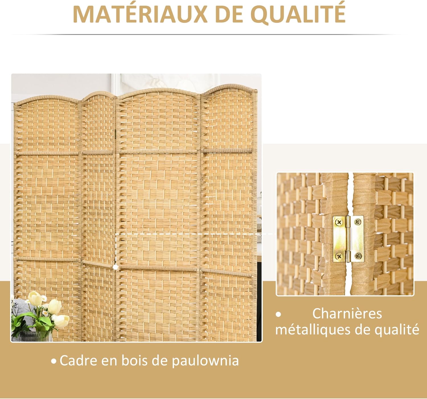 Thumbnail 4 de HOMCOM paravent intérieur en bois pliable à 4 panneaux, 180 x 180 cm