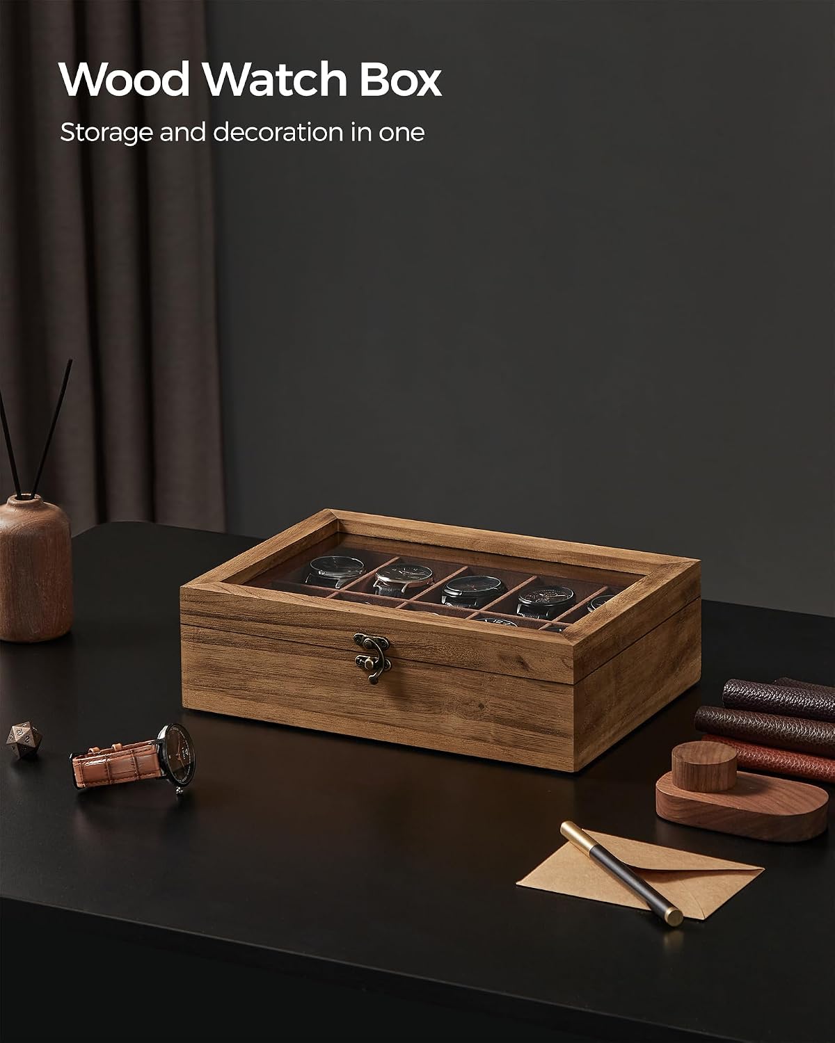 Detalle de SONGMICS JOW100K01 10-slot solid wood watch box with large glass lid