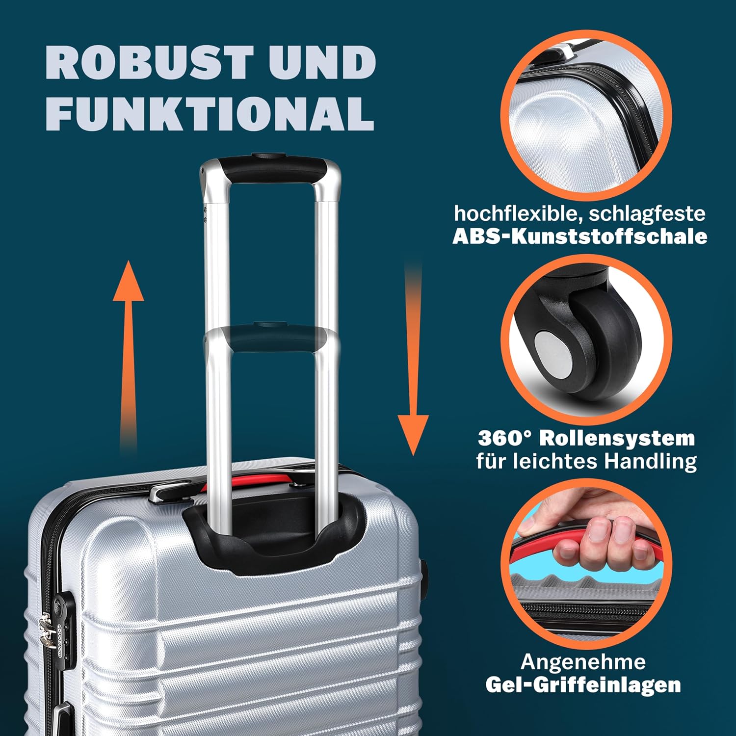 Detalle de MONZANA® Kofferset 4-teilig S–XL Hartschalen-Trolley mit ABS, Gel-Griffen, 4 Rollen und Zahlenschloss