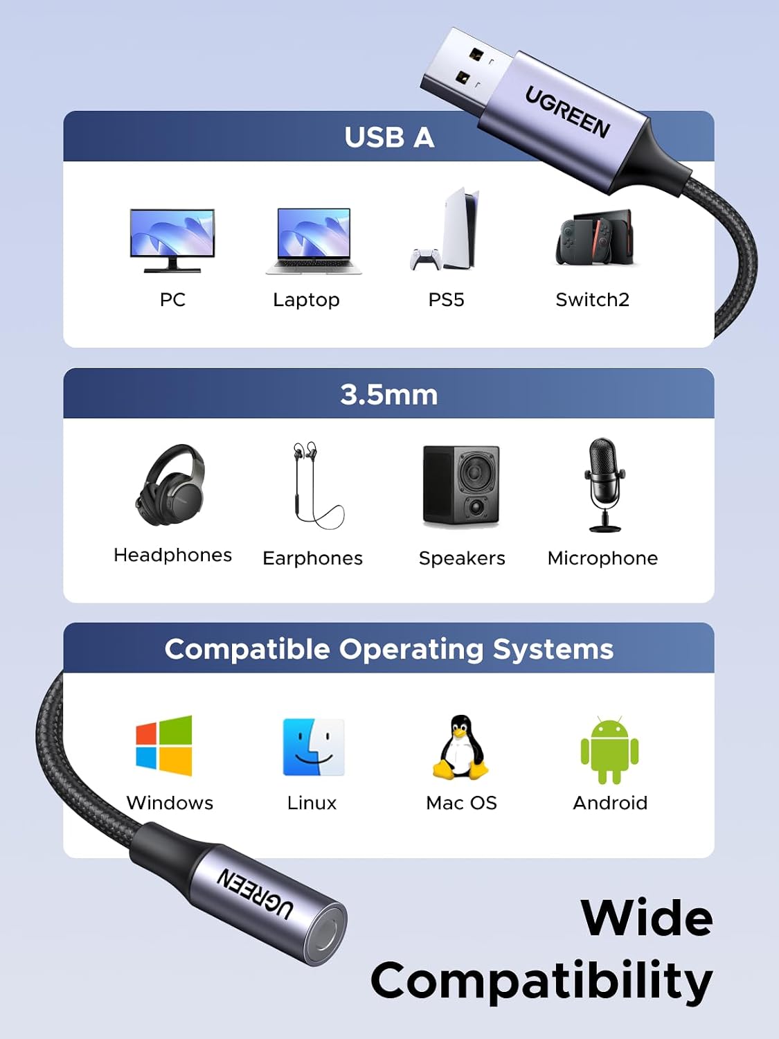 Thumbnail 6 de UGREEN USB to 3.5mm Audio Jack Adapter with Mic, DAC and Braided Cable