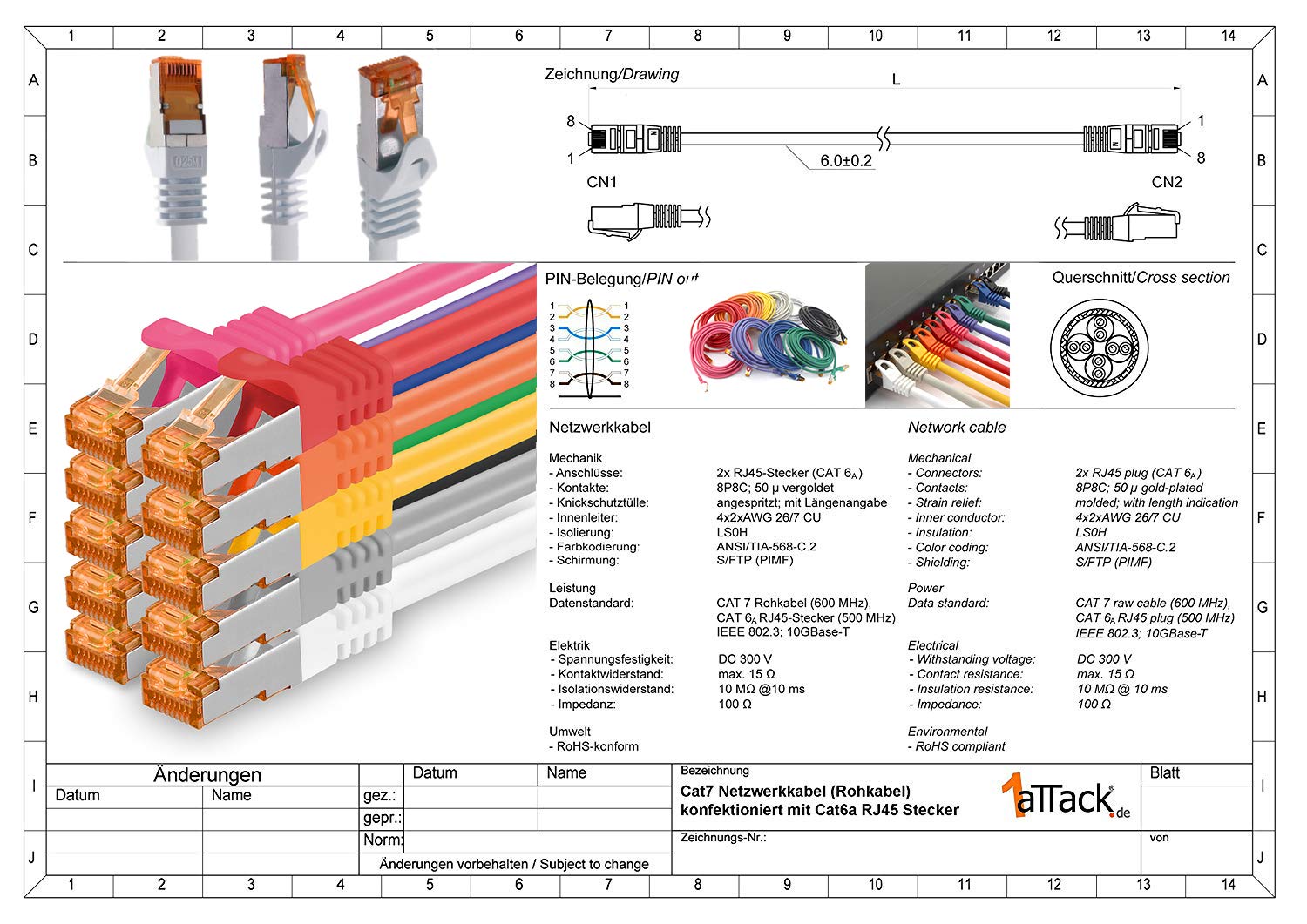 Detalle de 1aTTack.de Cat7-nätverkskabel 15 m med RJ45, koppar och S/FTP-skärmning