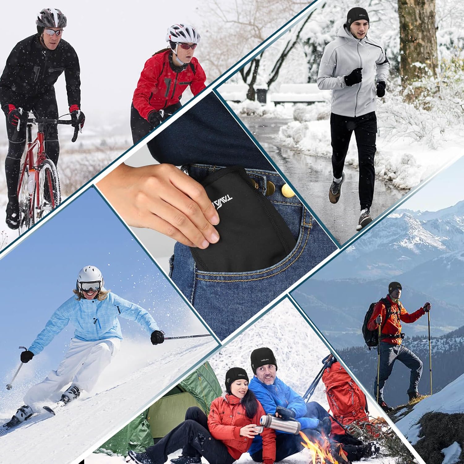 Detalle de Tavaler Winter-Fahrradmütze mit Helmmütze-Fit – winddicht, gefüttert und mit Brillenlöchern