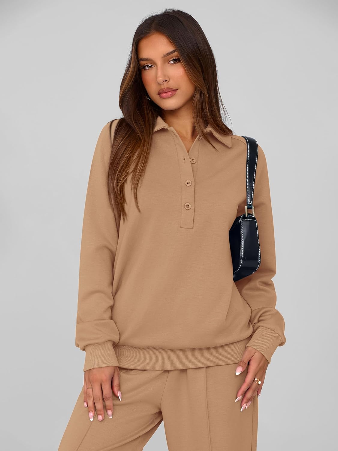 Detalle de PRETTYGARDEN Women Fall 2 Piece Outfits Sweatsuit (Quarter Button Long Sleeve Sweatshirt & Wide Leg Pants)