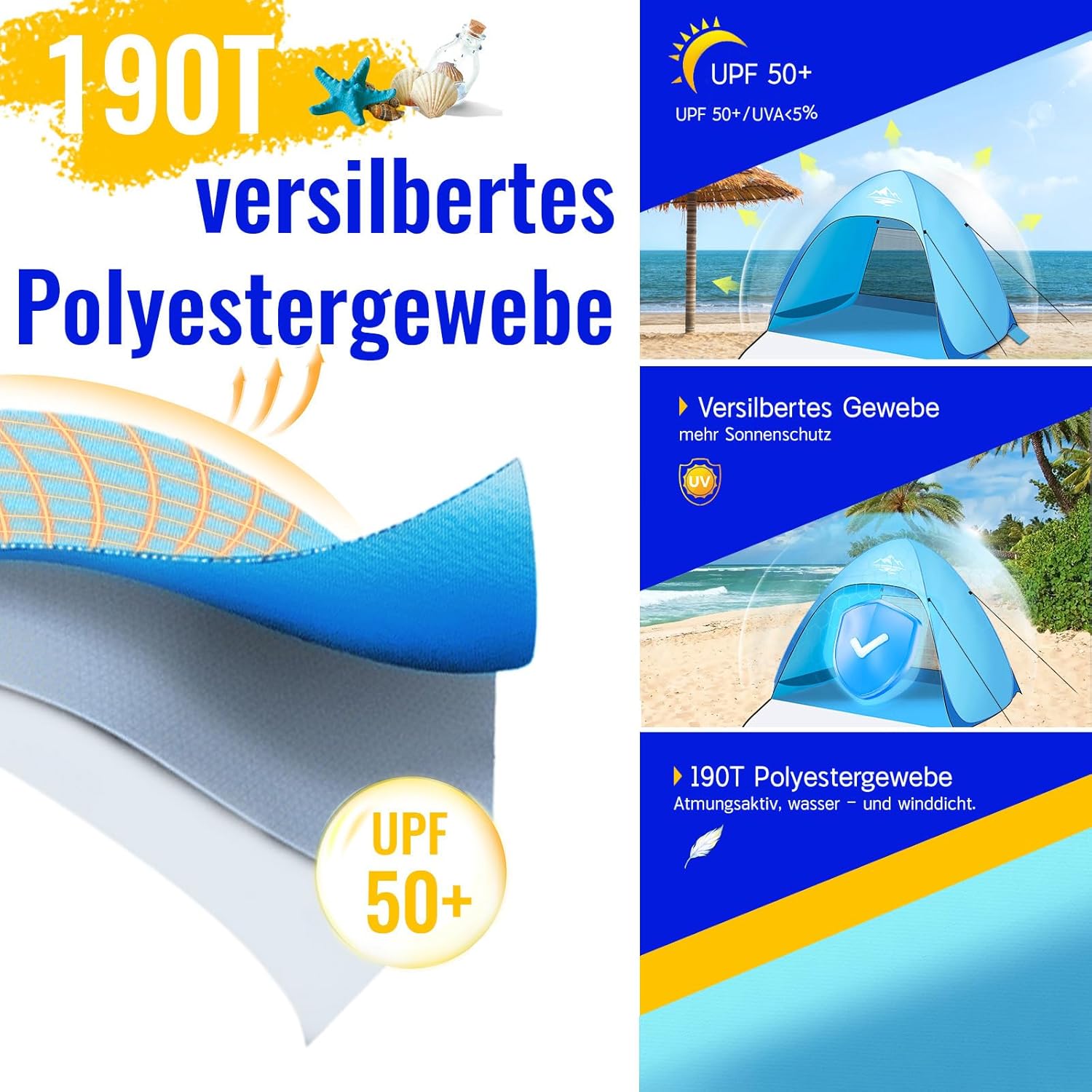 Thumbnail 4 de Strandmuschel Pop Up Strandzelt mit Reißverschlusstür (UV-Schutz 50+), für 1–3 Personen