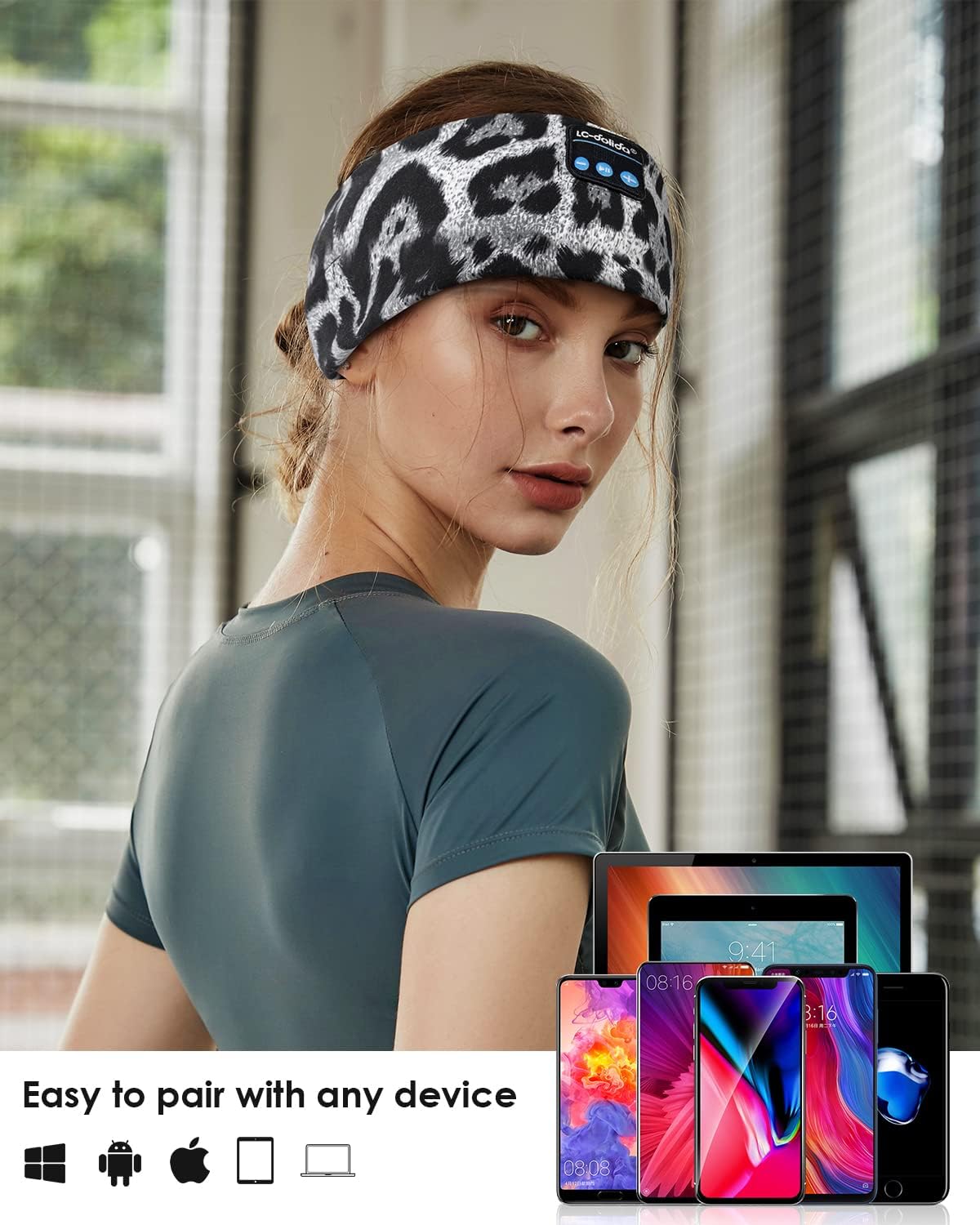 Detalle de LC-dolida Sleep Headphones Headband (Bluetooth 5.4) with Microphone, USB-C Wireless Sleep Mask & Sports Headband 3-in-1