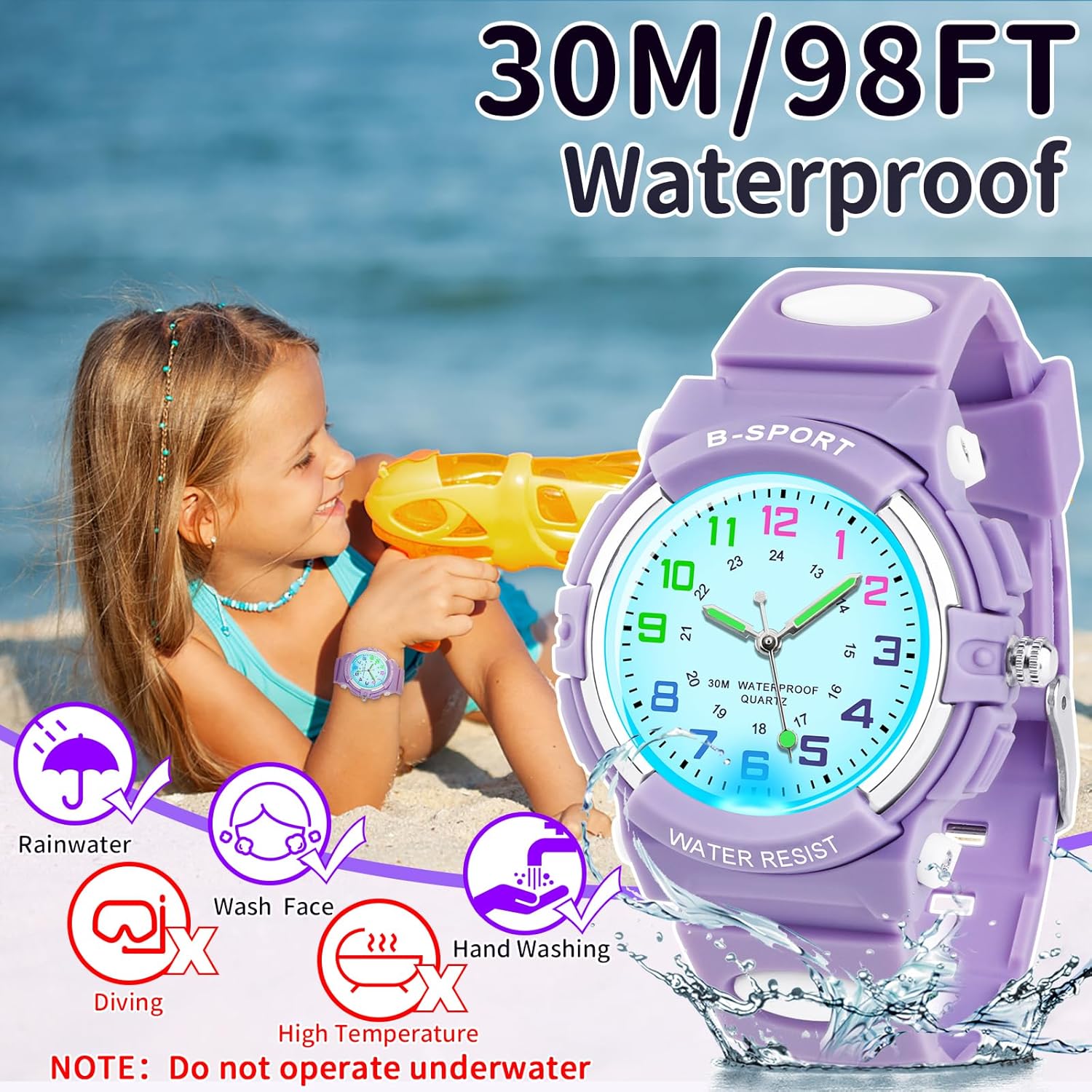 Detalle de DTKID Montre Enfant – 7 LEDs colorées, étanche 30 m, adaptée aux enfants de 5 à 15 ans