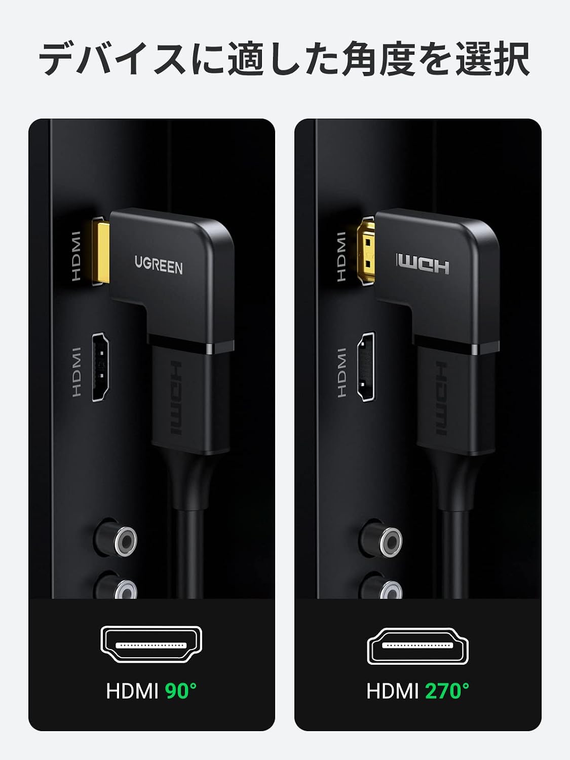Detalle de UGREEN HDMI L型変換アダプター 90度・270度セット、HDMI 2.0・4K/60Hz・金メッキ端子