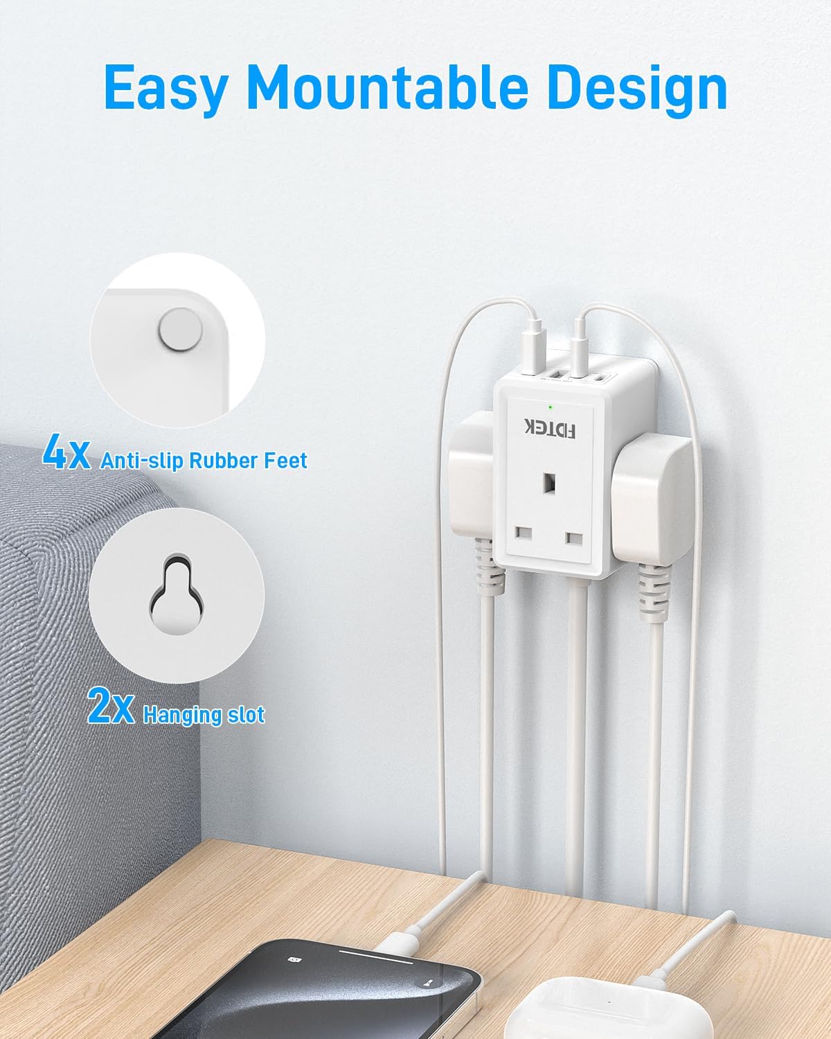 Detalle de FDTEK PD20W Extension Lead with USB Slots: 7-in-1 Mini Cube for Home, Office, and Travel