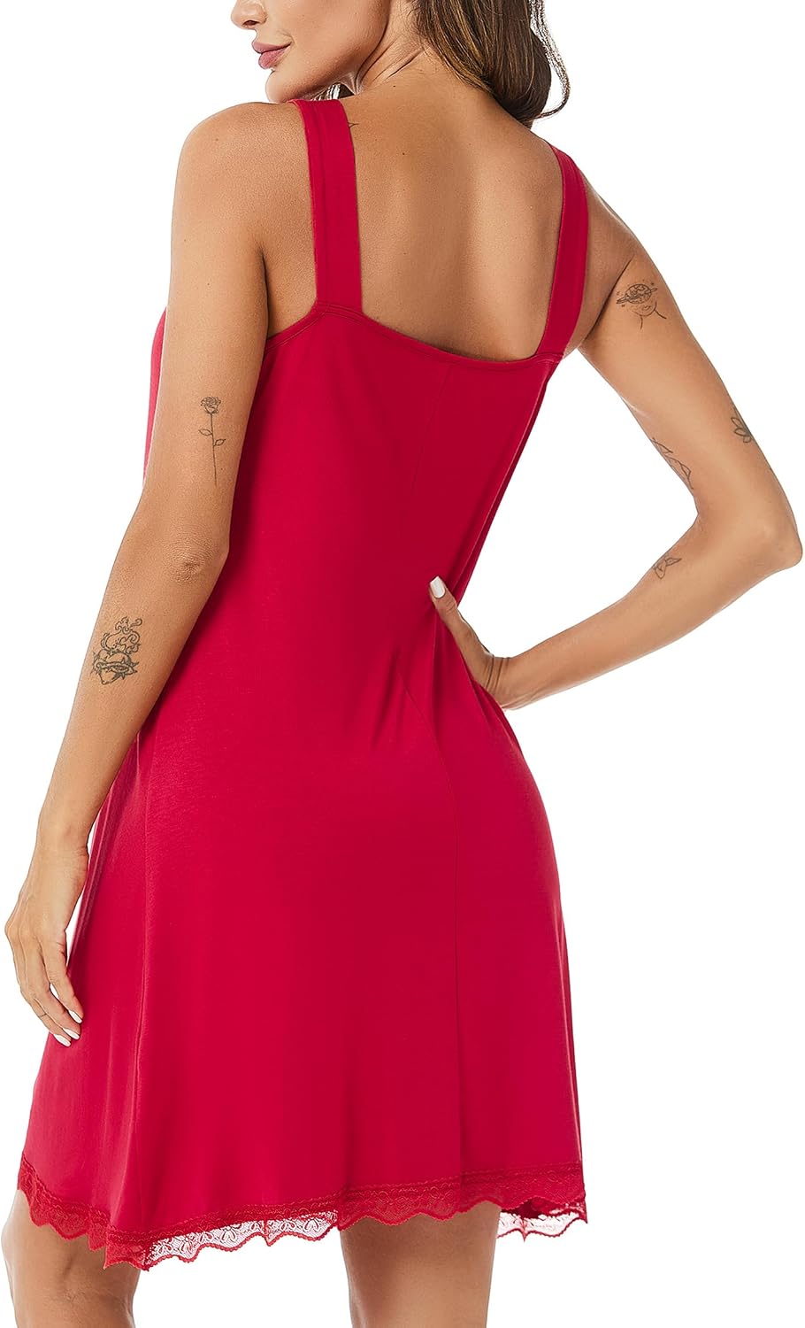 Detalle de Uniexcosm Nachthemd Damen: Ärmelloses Baumwoll-Nachtkleid mit Spitze und V-Ausschnitt