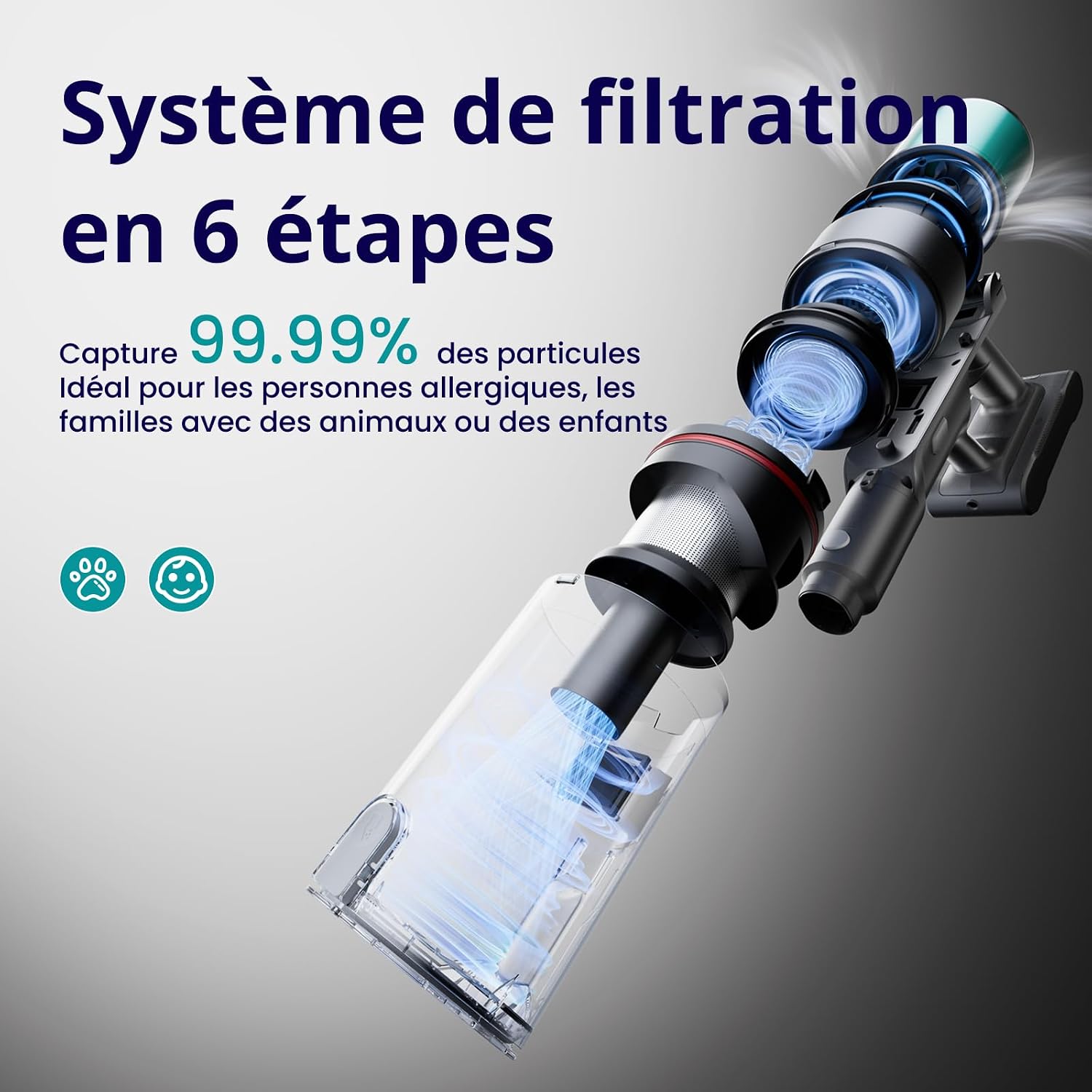 Detalle de SmartAI V5 Pro draadloze steelstofzuiger met 55 kPa, 600 W en slang van 1 m