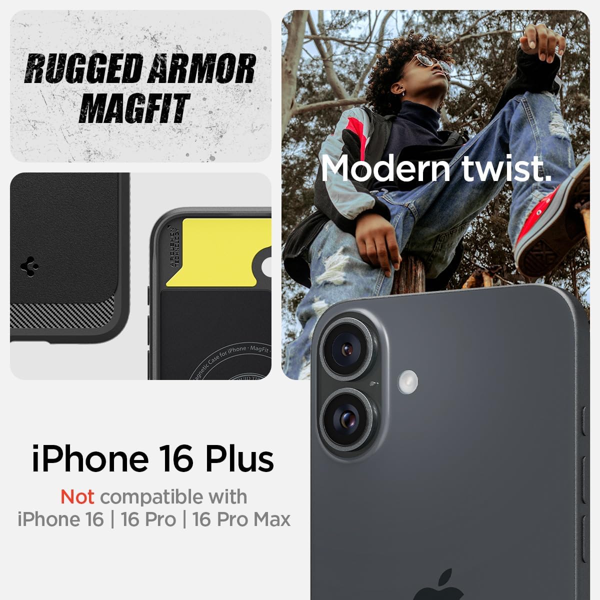 Detalle 2 de Spigen Rugged Armor MagFit pour iPhone 16 Plus (6,7 pouces) – coque antichoc noire mate