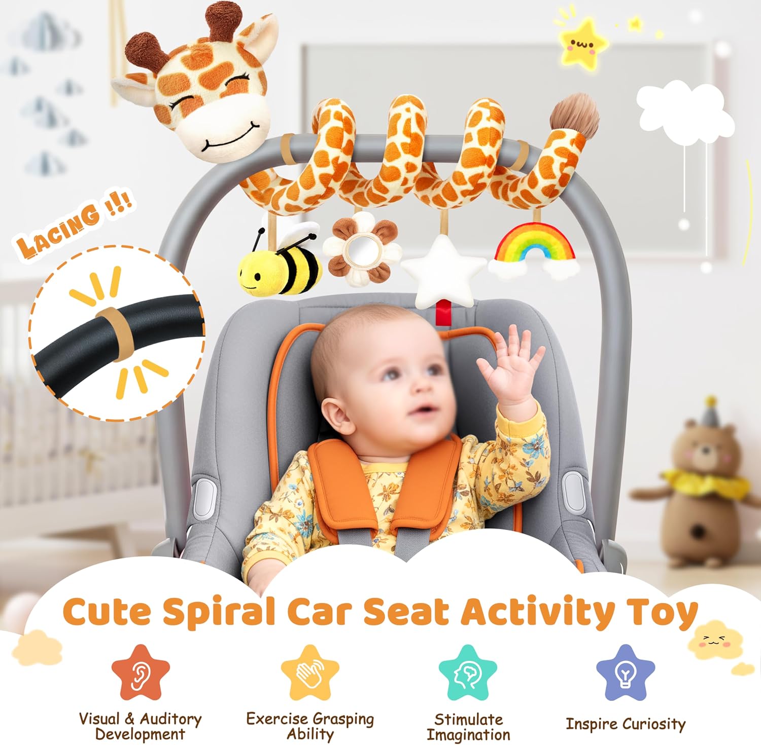 Detalle 2 de Stuffed Spiral Car Seat Baby Toy with Giraffe, Sensory Toys and Mirror