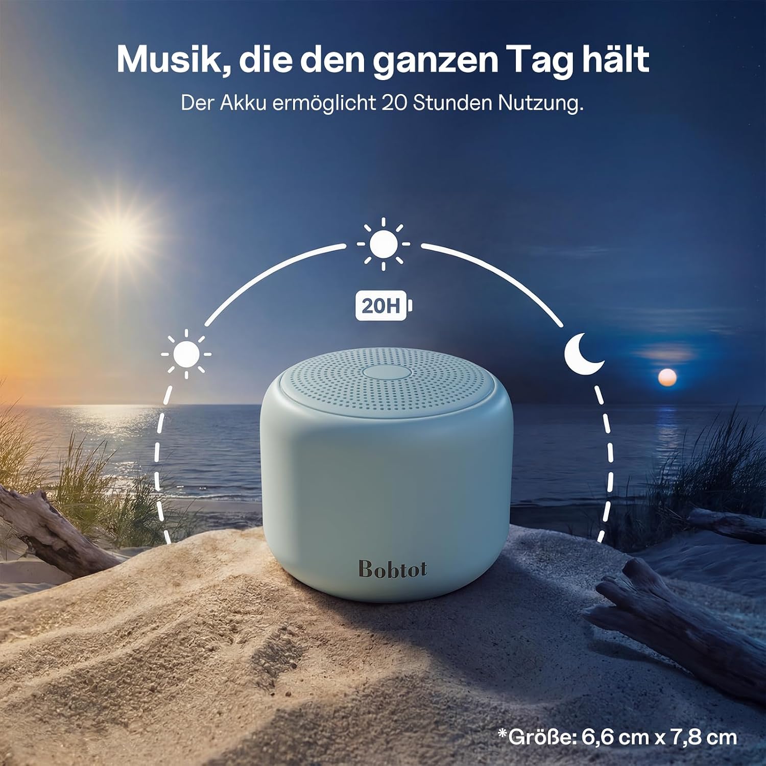 Detalle de Bobtot tragbarer Bluetooth-Lautsprecher (grün) mit Mikrofon, wasserdichtem Design und bis zu 15 Stunden Laufzeit