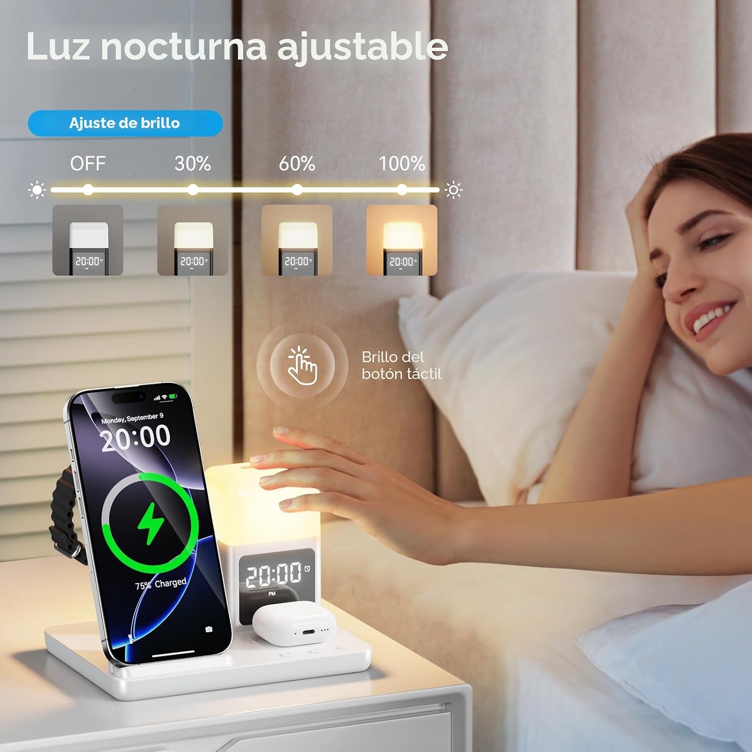Detalle de Cargador inalámbrico 6 en 1 con lámpara y despertador