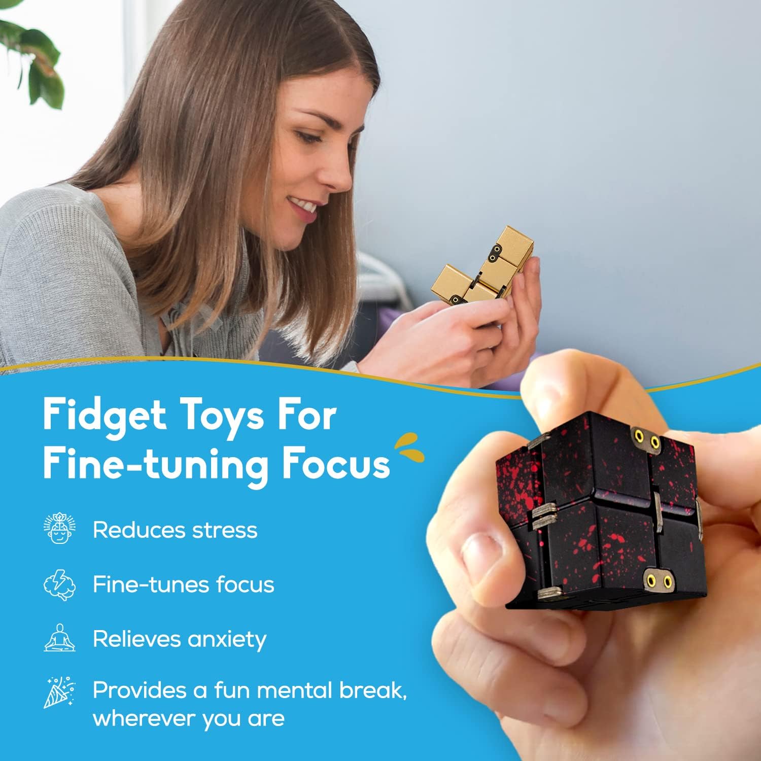 Detalle 2 de PILPOC theFube Infinity Cube Fidget Desk Toy (Aluminum) with Protective Case, Black/Red