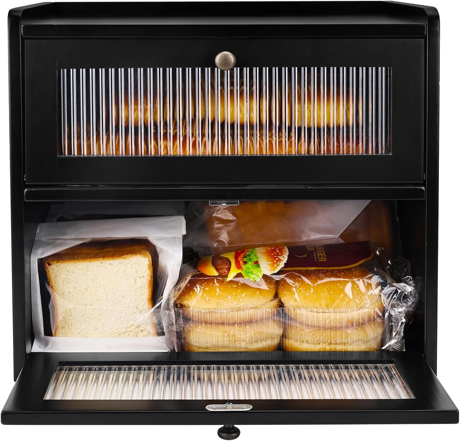 Detalle de Alpeir Double-Layer Bread Box, Black Pine Wood with Acrylic Window
