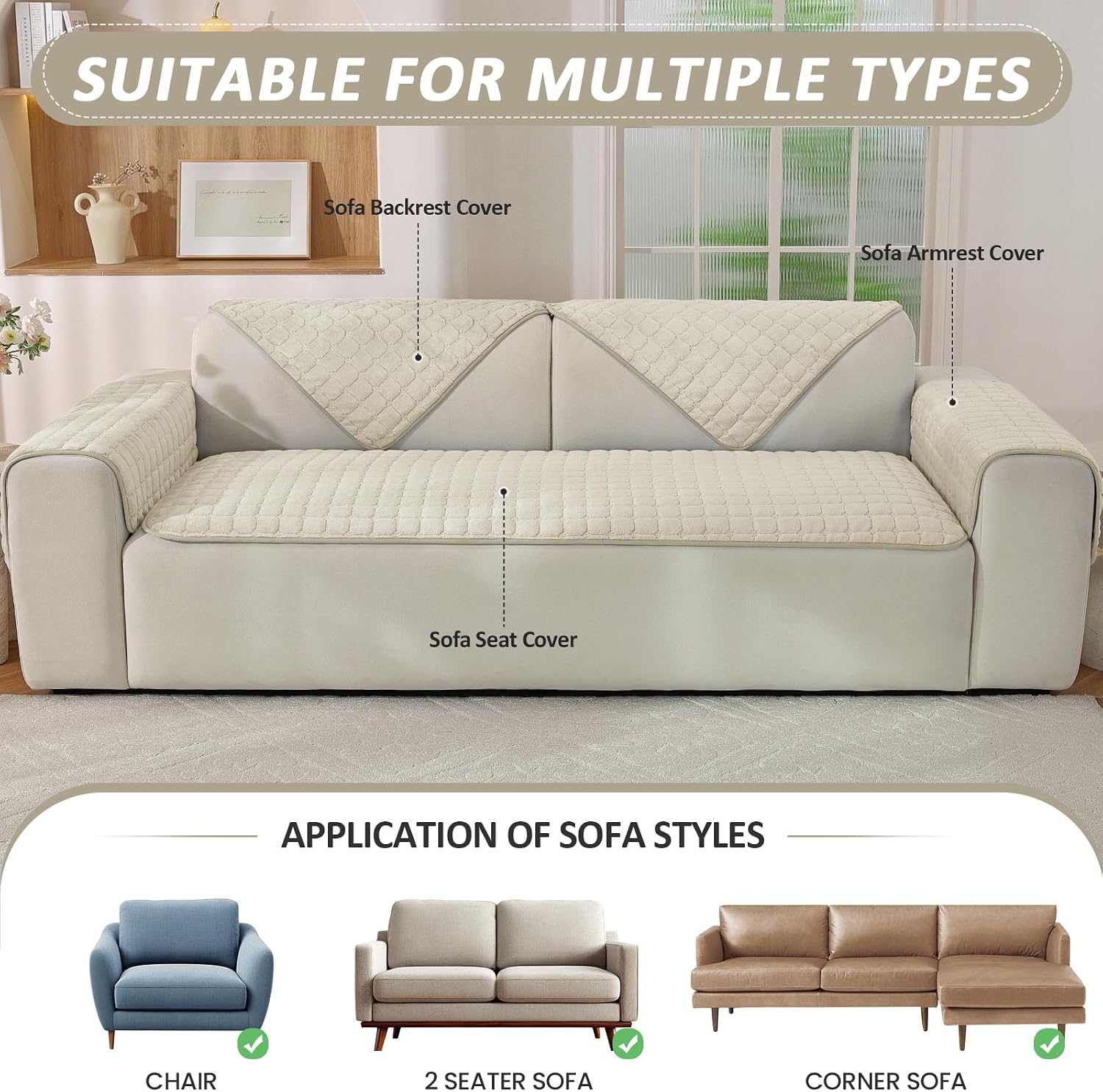 Thumbnail 3 de Ystyle copridivano in pile morbido antiscivolo per divani 1/2/3/4 posti e angolari con chaise longue (beige, 90x210 cm)