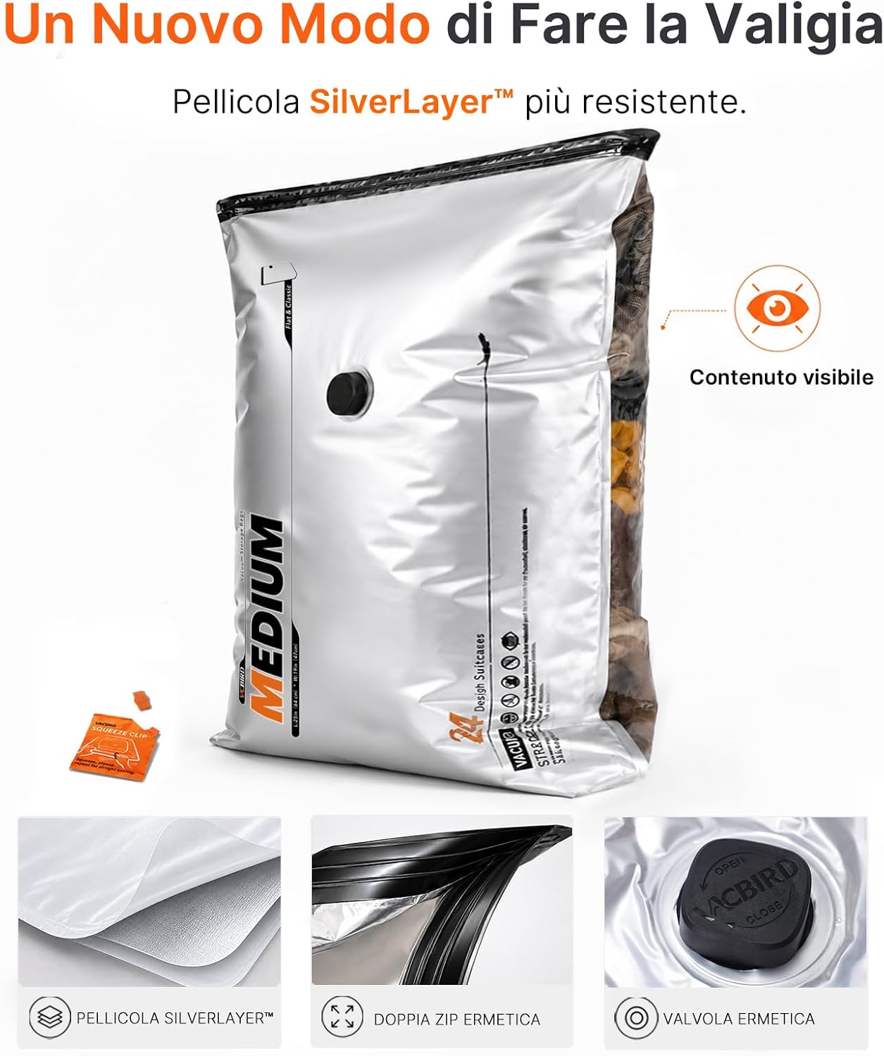 Detalle de Vacbird 10 Sacchetti Sottovuoto Vestiti con Pompa a Vuoto USB – Kit Viaggio 5×40x54 cm e 5×47x64 cm