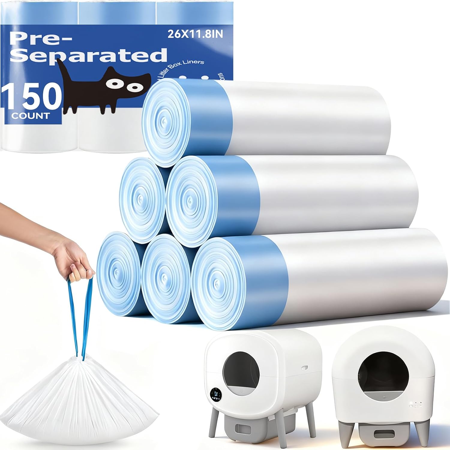 Detalle de KropBom 150-Count Cat Litter Box Bags, Drawstring, Pre-Separated, 26 x 11.8 Inches