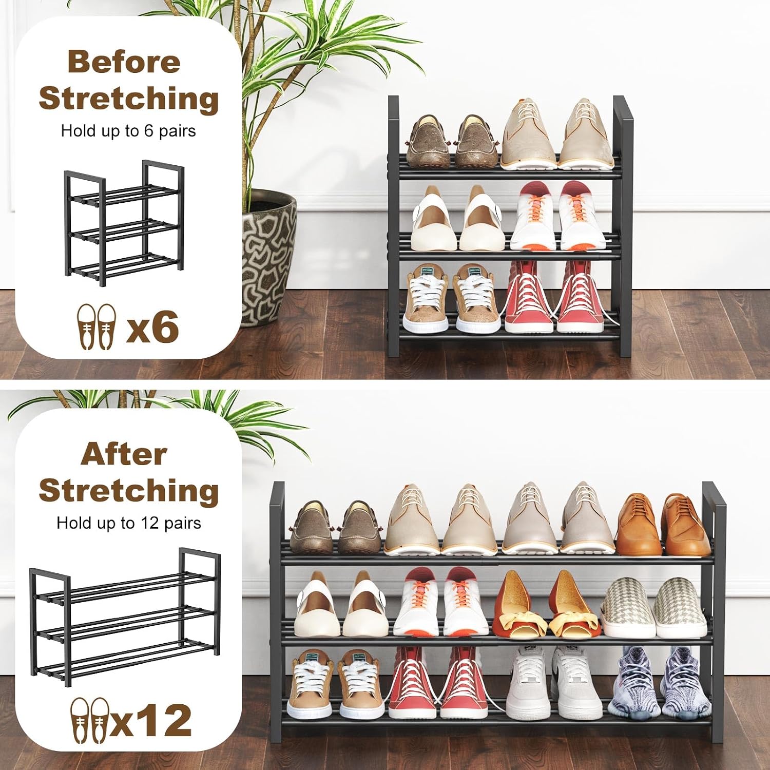 Detalle de Roylvan Shoe Rack 3-Tier Expandable Metal Shoe Rack, 17"–31", Black
