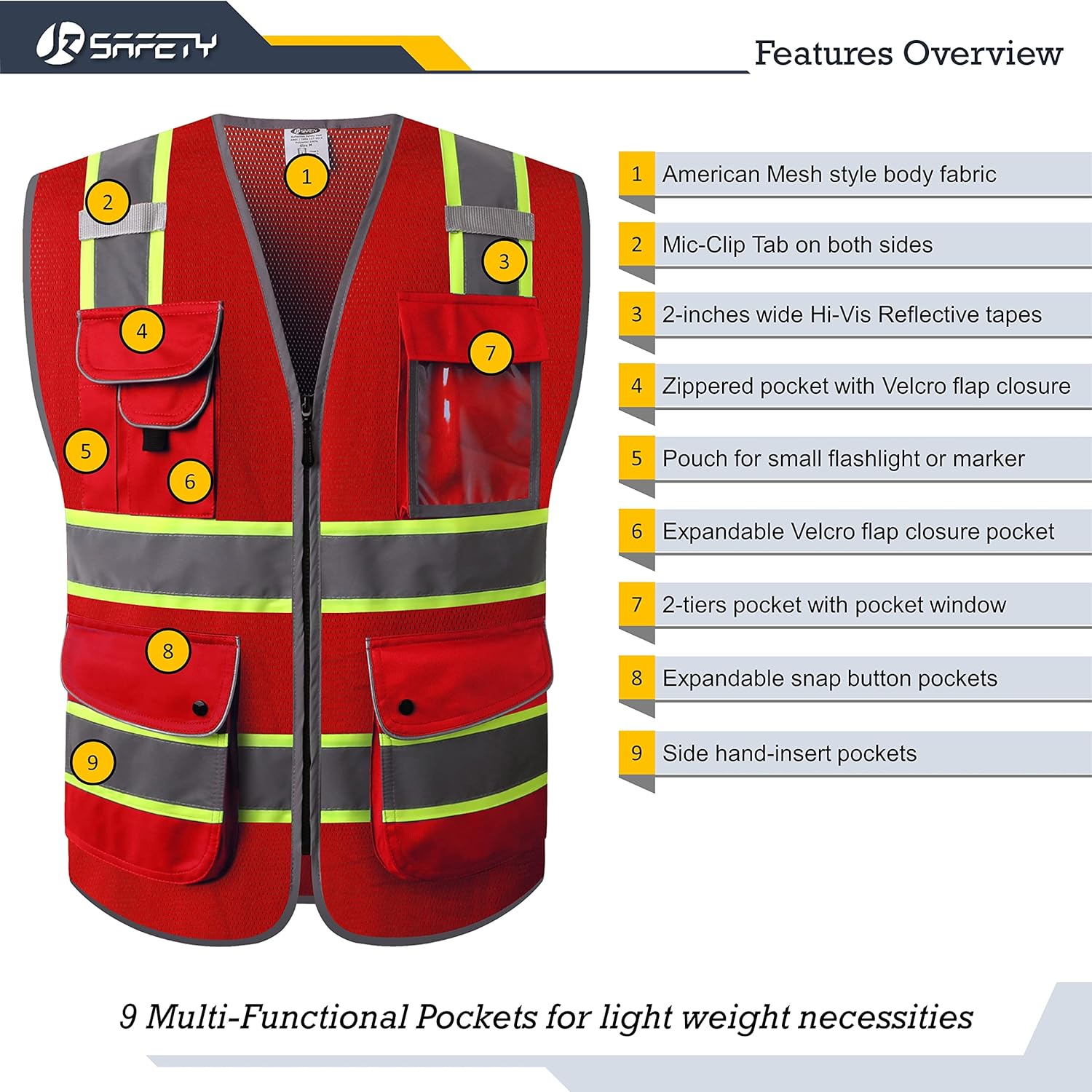 Detalle de JKSafety 9-Pocket Hi-Vis Mesh Safety Vest, Large