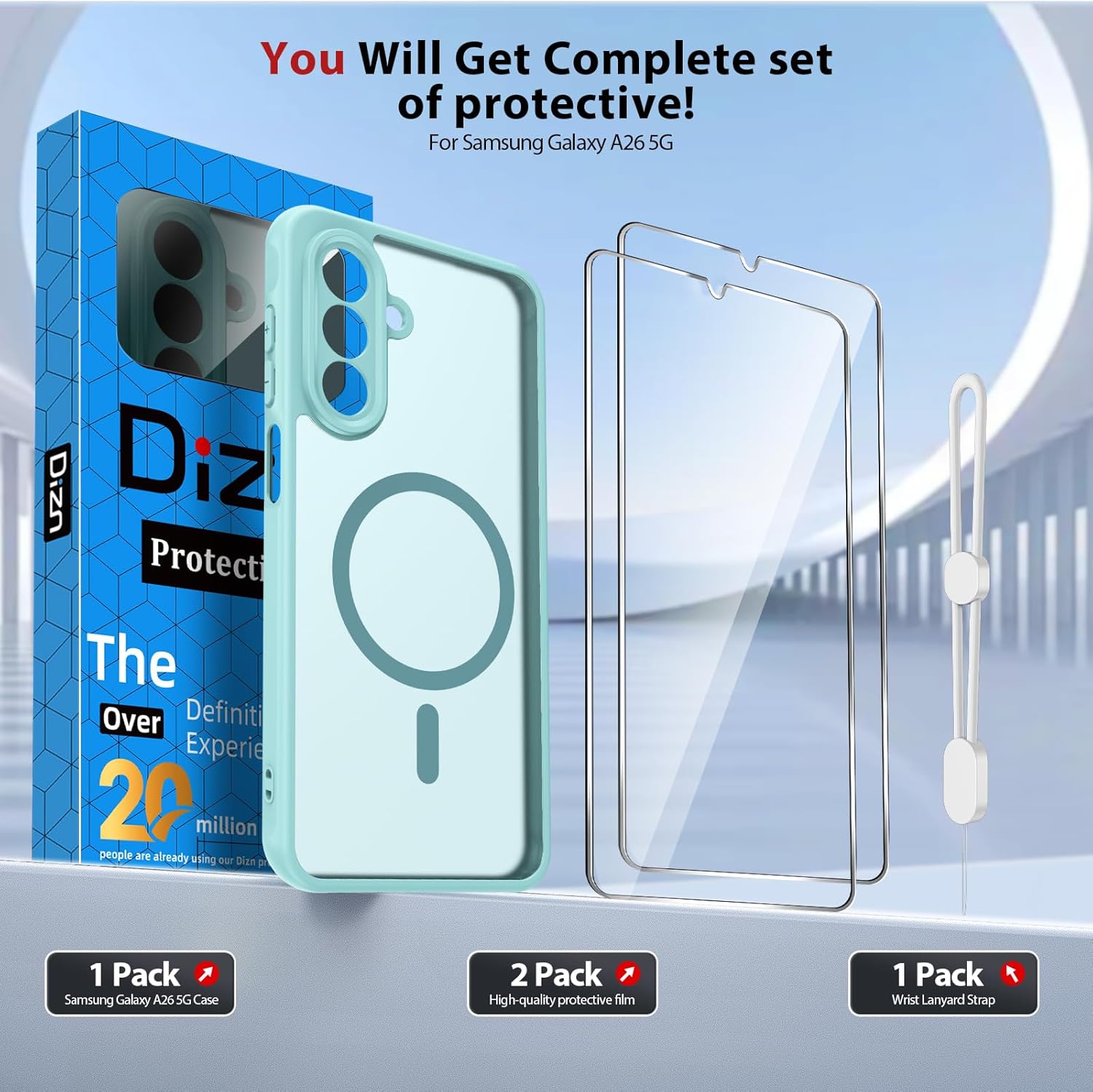 Thumbnail 6 de Dizn Case for Samsung Galaxy A26 5G with 2 Glass Screen Protectors, Wrist Strap, and MagSafe Compatibility – MintGreen