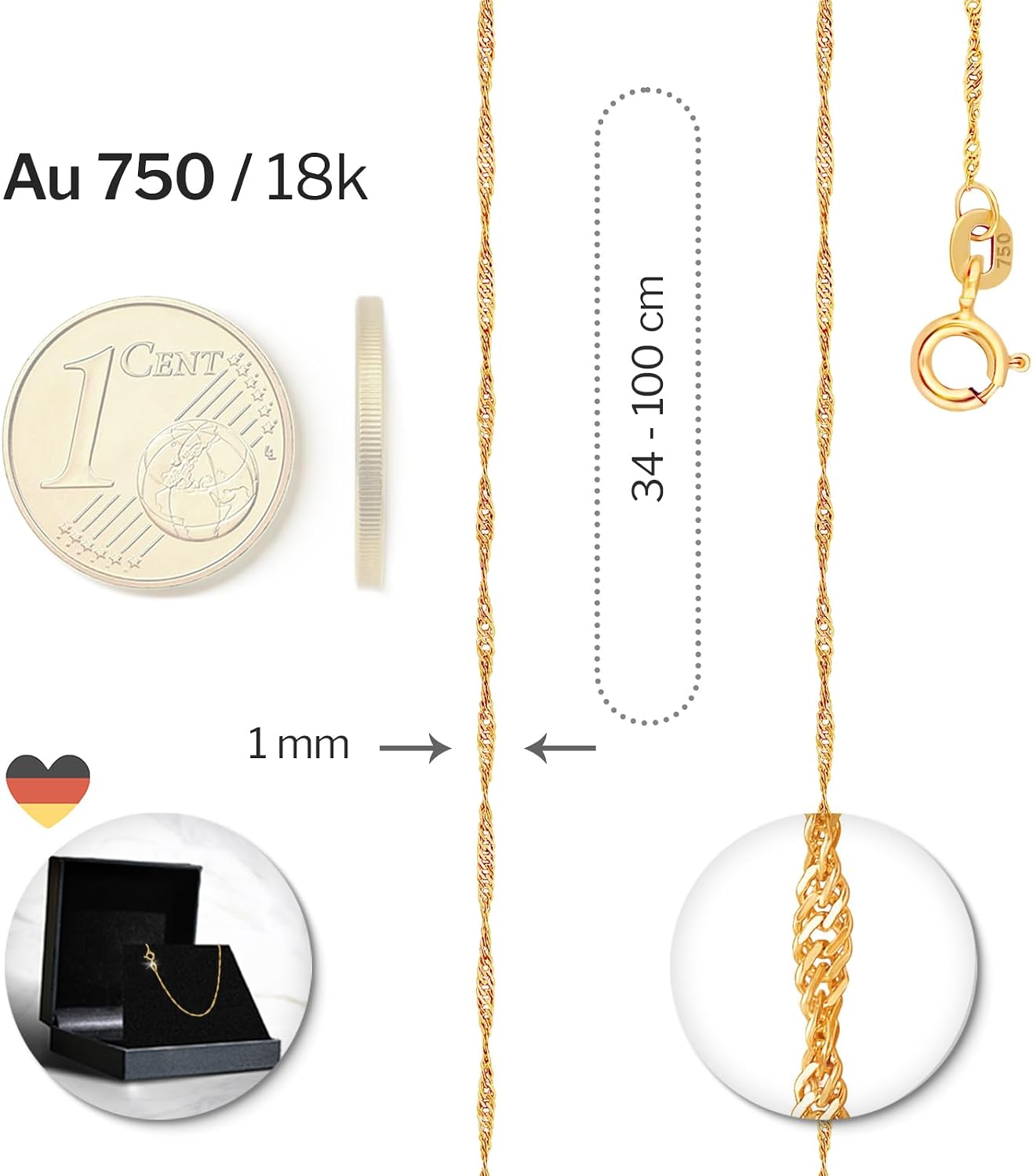 Detalle de Chaîne Singapore en or jaune 18K EDELIND — 60 cm, 1 mm, denomination 585/750/375/333