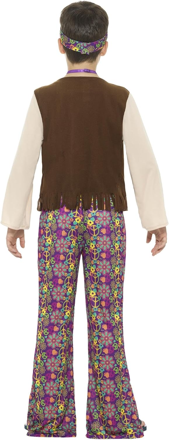 Detalle de Smiffys Hippie Boy Kostüm - Kinder Größe M (7–9 Jahre) mit Oberteil, Weste, Hose, Medaillon & Stirnband
