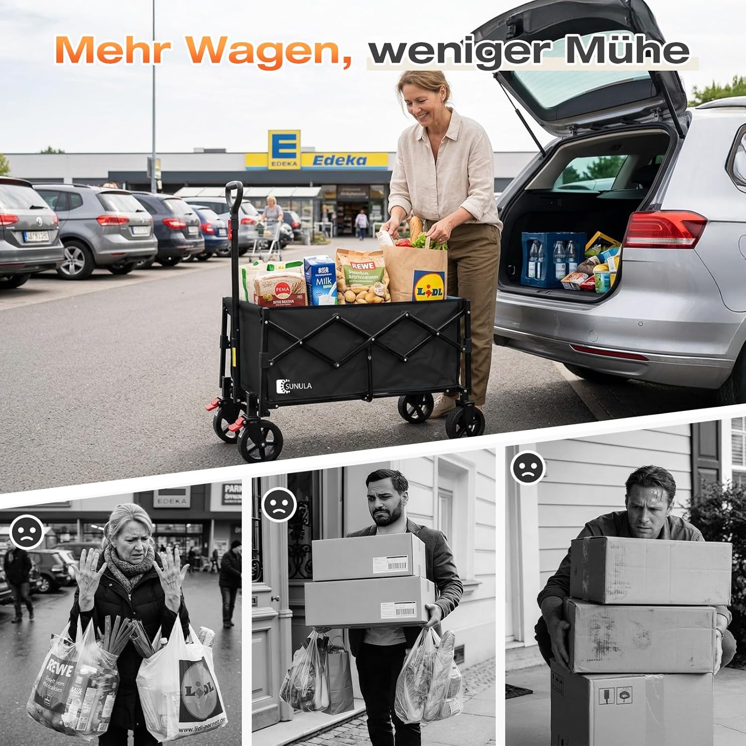 Thumbnail 1 de SUNULA faltbarer Bollerwagen klein, 80 l Volumen bis 100 kg, mit Bremsen – Schwarz