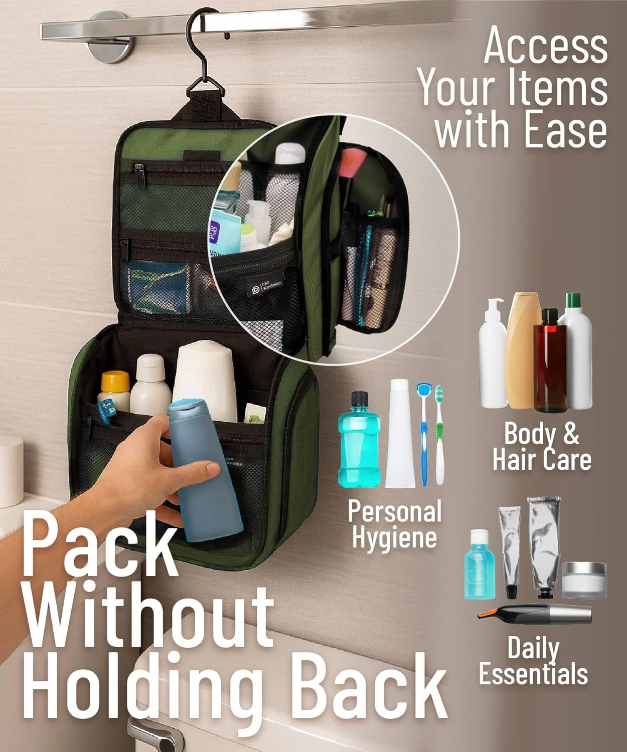 Thumbnail 4 de D&D Hanging Travel Toiletry Bag (Large) with 10 Compartments, YKK Zips and XXL Swivel Hook