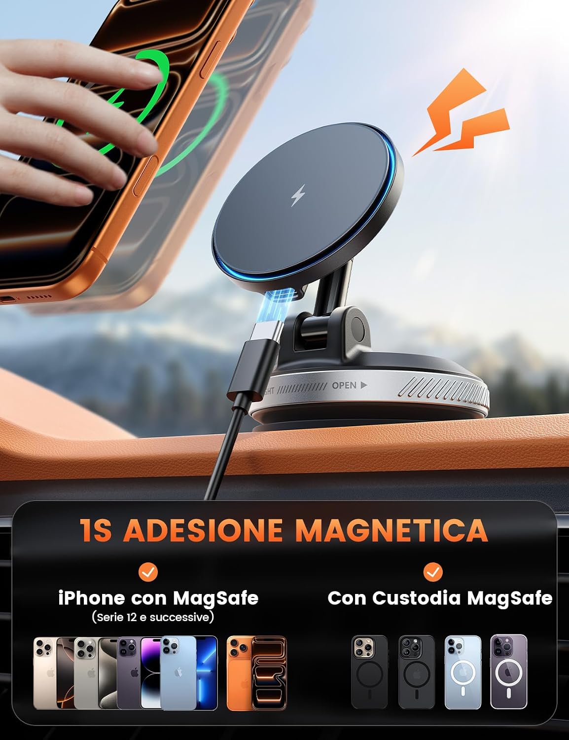 Detalle 2 de Lamicall 15W Caricatore Wireless Auto per MagSafe: potenza, magneti e ventosa potente per iPhone 12-17
