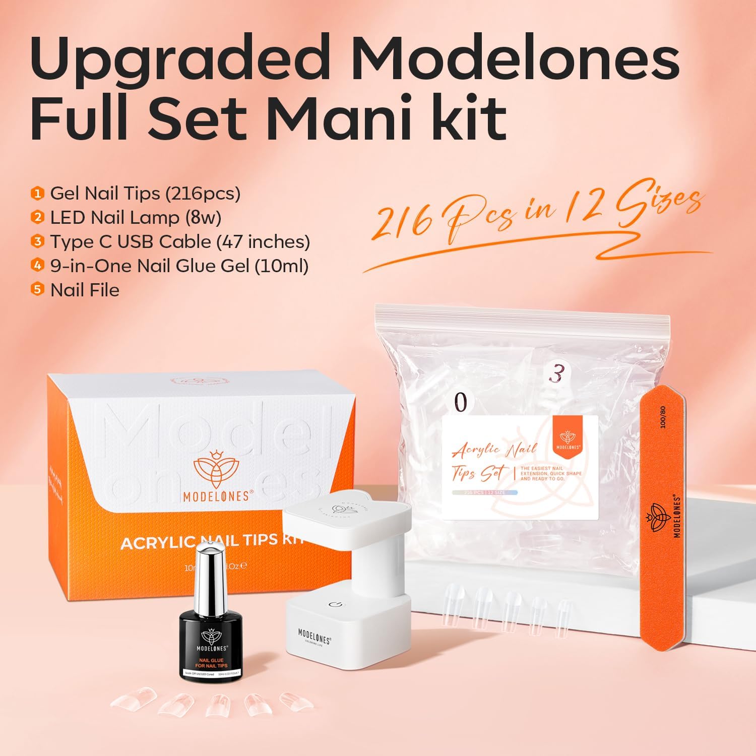 Thumbnail 1 de Modelones X Nail Gel Kit Medium Square: 9-in-1 Glue Gel, 216 Tips, Mini UV Lamp