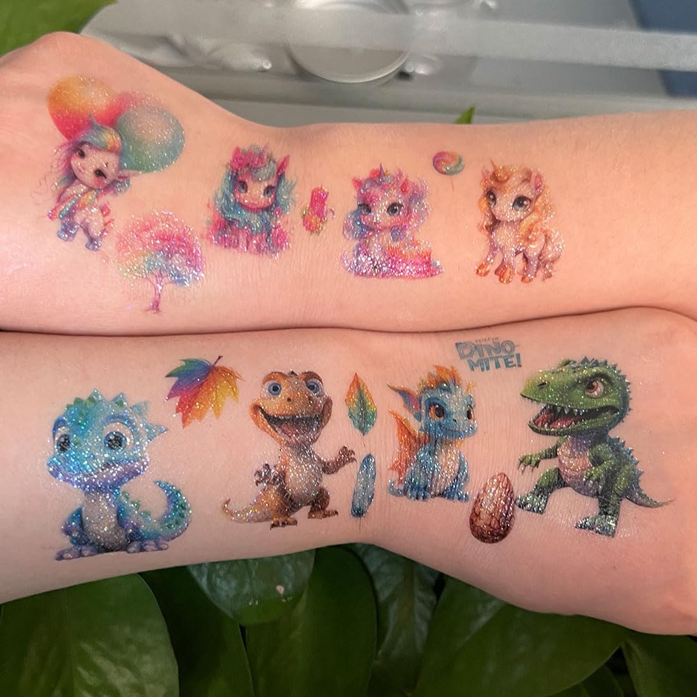 Thumbnail 5 de Glitzer Tattoo Set Kinder – 12 Blätter Dinosaurier & Einhorn von FATLBSEV