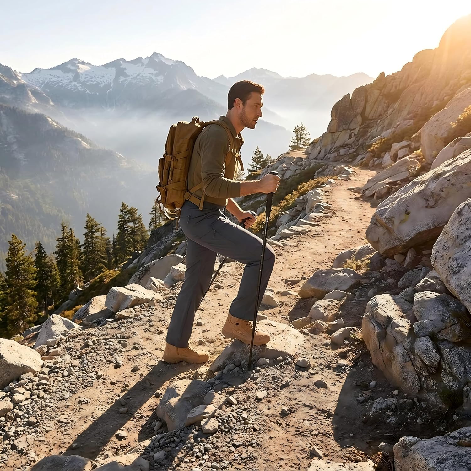 Detalle 2 de Lightweight Cargo Hiking Pants with 6 Zipper Pockets, DWR Water-Resistant Outdoor Tactical Trousers