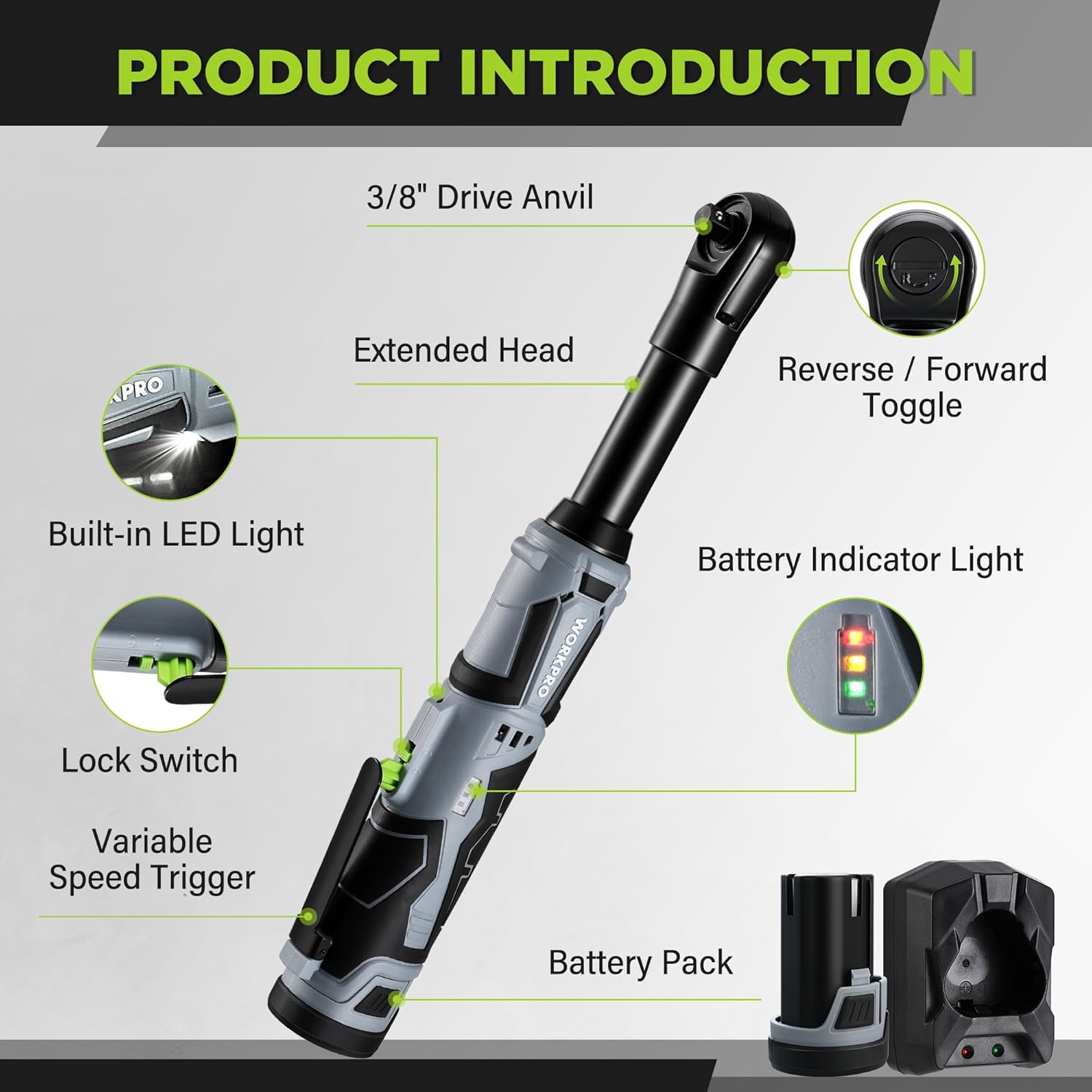 Detalle 2 de WORKPRO chiave a cricchetto elettrica senza fili 12V 3/8” 55 Nm con LED e set 2 batterie da 2,0 Ah