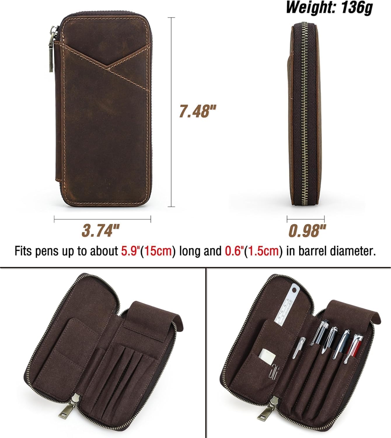 Thumbnail 1 de CONTACTS Leather 4 Slots Pens Case Pouch with Zipper Closure