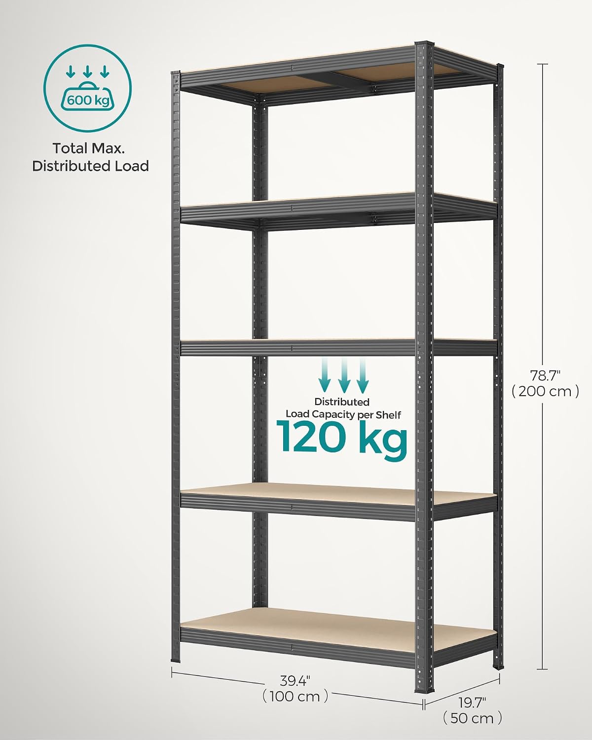 Detalle de SONGMICS GLR050G01 5-Tier Steel and MDF Shelving Unit, 600 kg Capacity