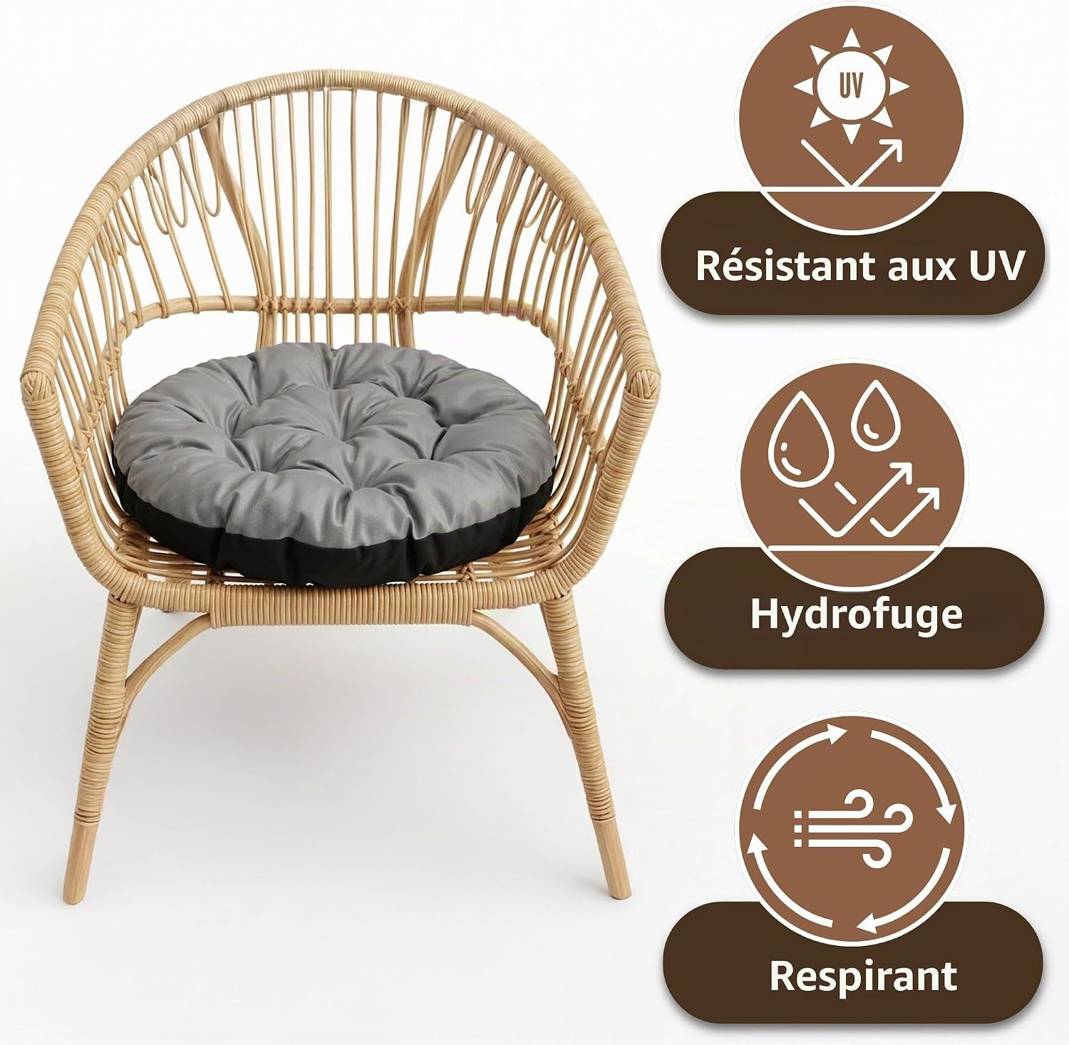 Detalle 2 de Amazinggirl rond tuinstoelkussen 60 cm, waterafstotend, grafiet, linnenlook