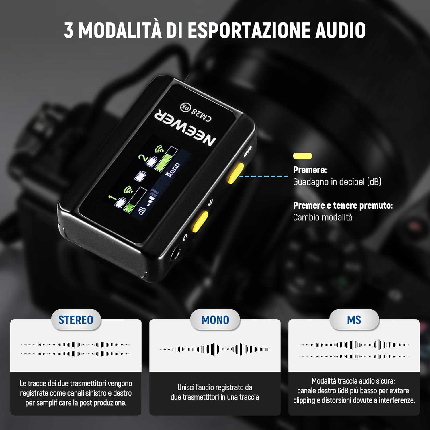 Detalle de Neewer CM28 microfono lavalier wireless con anti-rumore e registrazione su 4GB