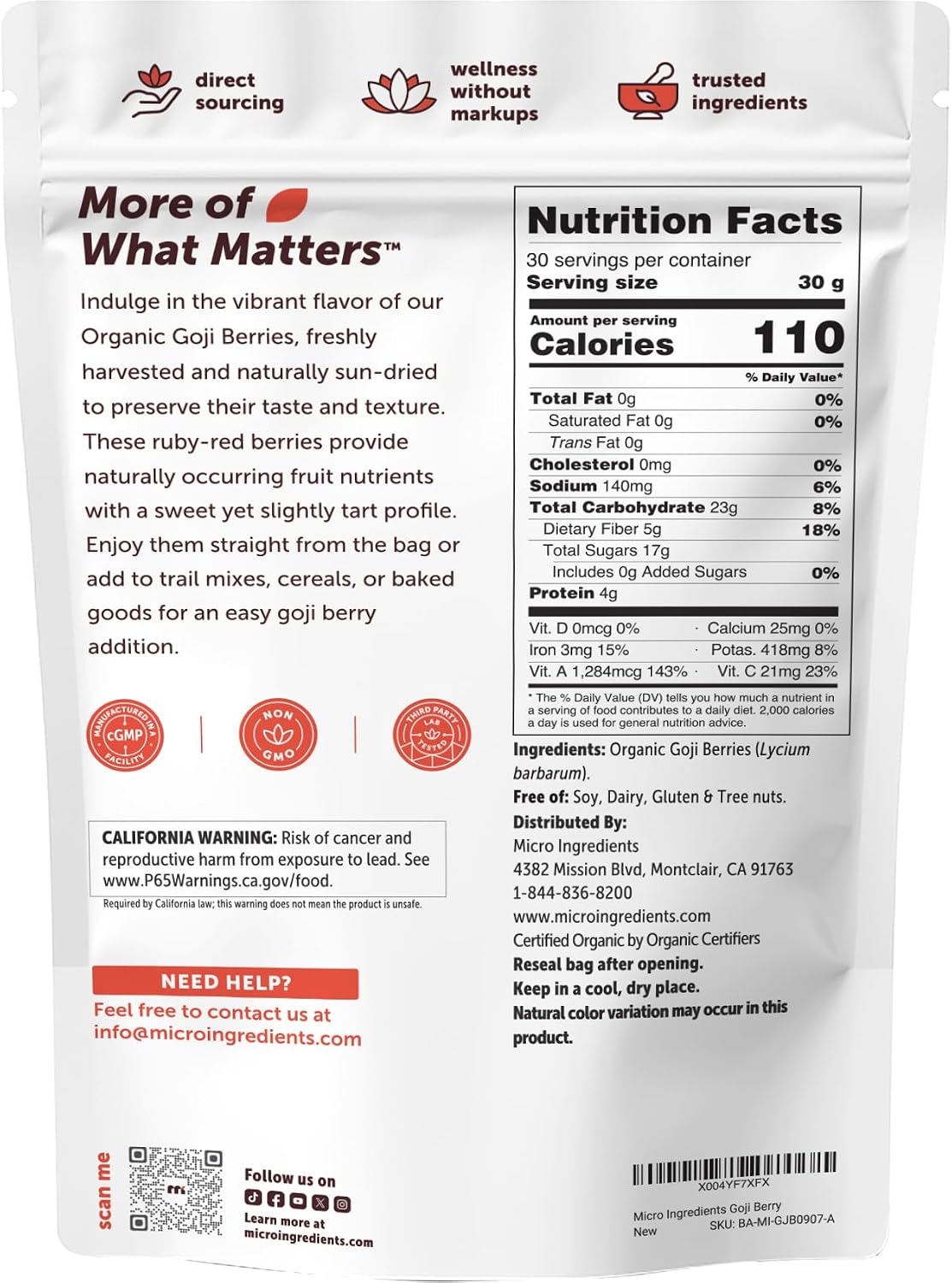 Detalle de Micro Ingredients GOJ-Parent Organic Goji Berries, 32 oz Sun-Dried Whole Fruit