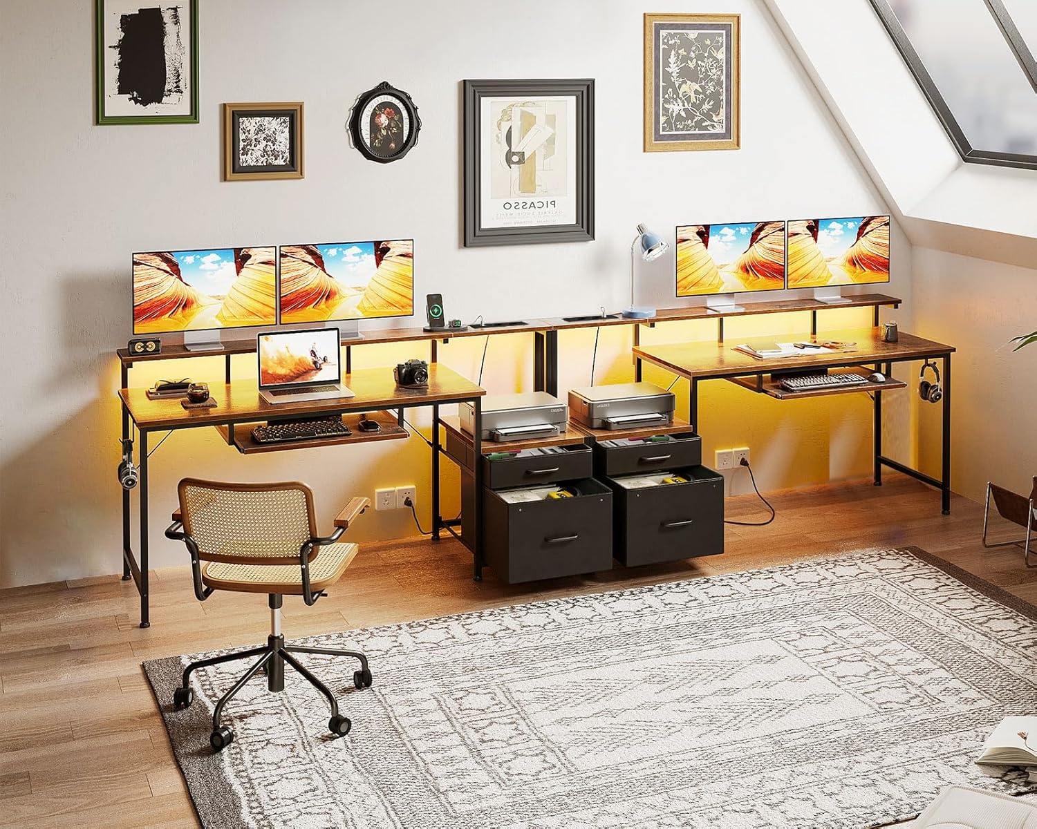 Detalle de Coleshome Scrivania Gaming con LED e Prese, 140x48cm: scrivania reversibile con vassoio tastiera e supporto monitor
