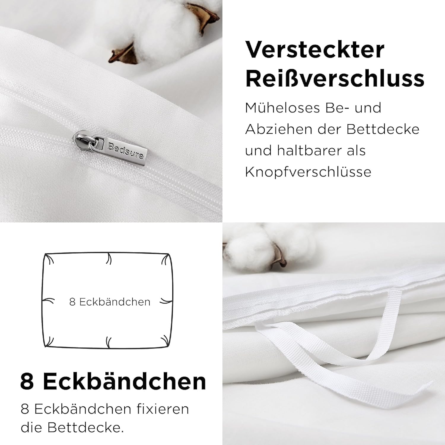Thumbnail 4 de BEDSURE Bettwäsche-Set 220x240 cm aus Baumwolle (3-teilig, Weiß) mit Reißverschluss